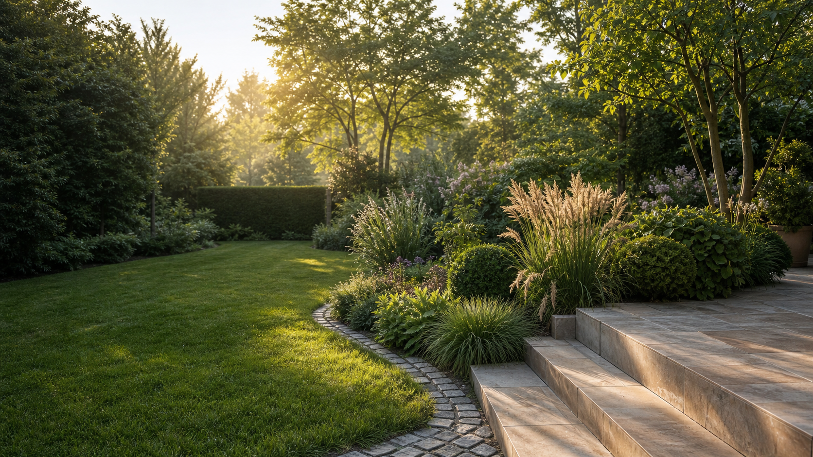 Gepflegter Garten mit Natursteinterrasse und üppiger Bepflanzung